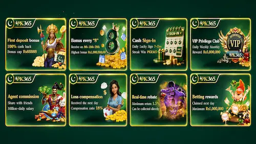 PKR365 bonuses and rewards showing first-deposit cashback, cash sign-in, VIP, referral, rebate and betting offers